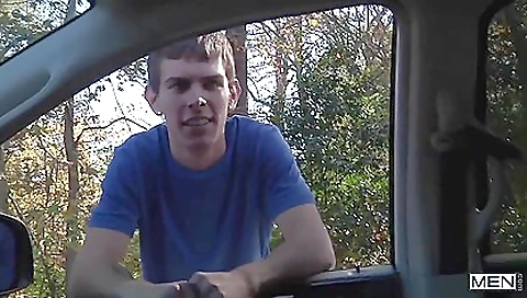 Blue T-shirt Twink Sucking Cock In The Car